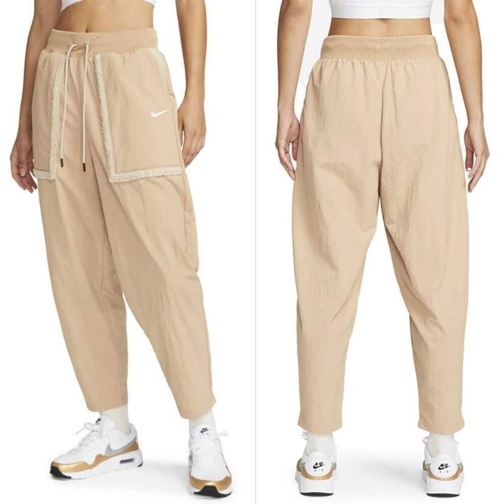Nike Activewear Sherpa Lined Pocket Pants Womens Small Tan Drawstring Waist Casu